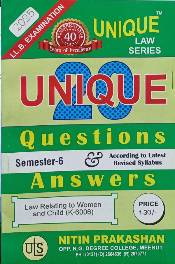 Nitin Prakashan Unique Law Series Questions & Answers Semester-6 Law Relating to Women and Child (K-606) for LLB Exams - (Hindi) Edition 2025