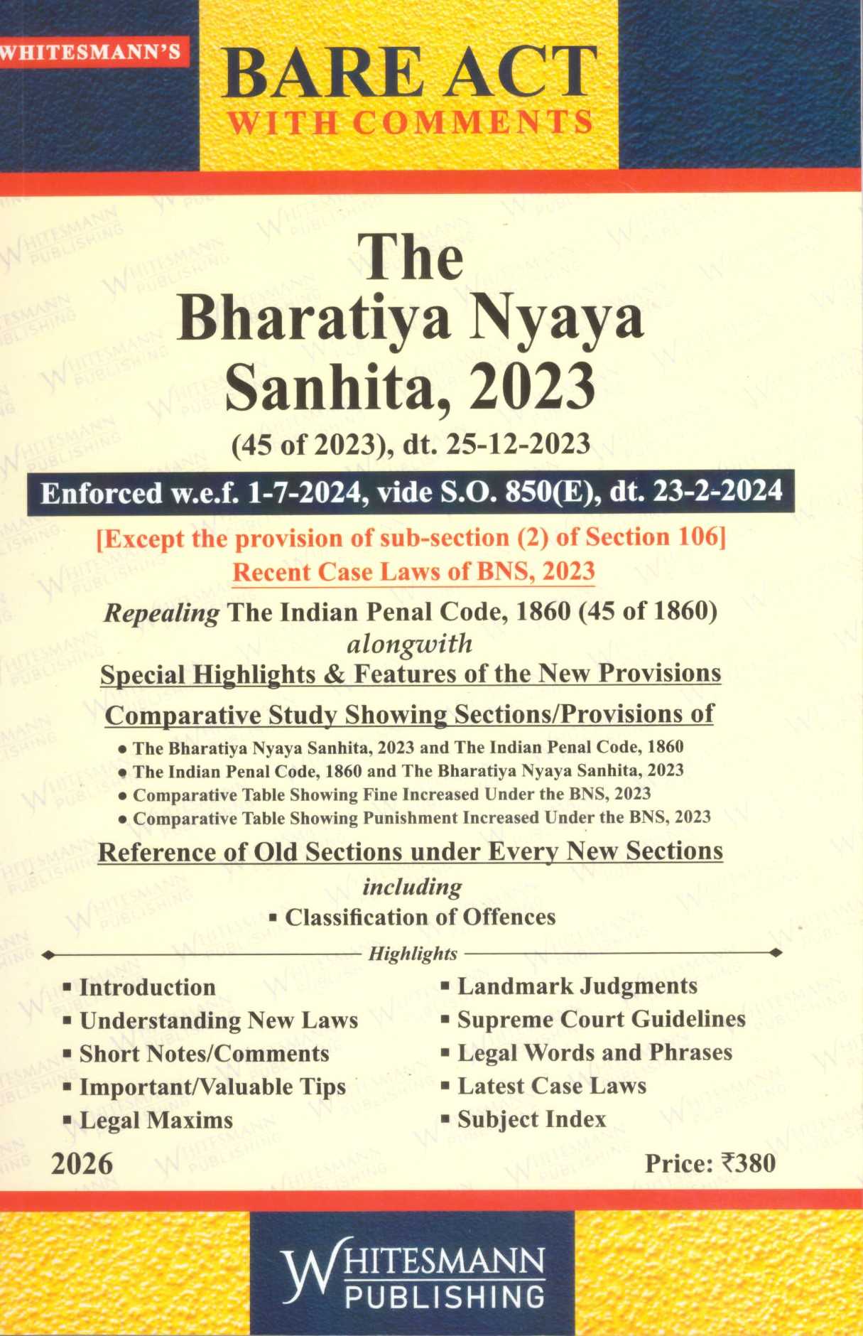 Whitesmann's Bare Act With Comments The Bharatiya Nyaya Sanhita, 2023 - Edtion 2026