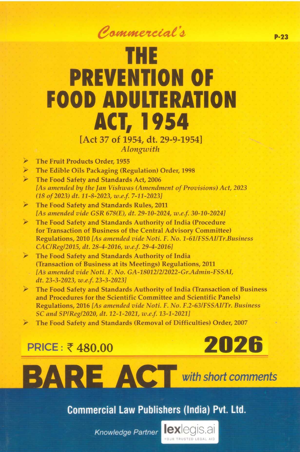 Commercial's The Prevention Of Food Adulteration Act, 1954 - Edition 2026