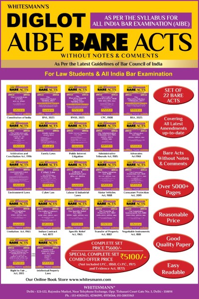 Whitesmann's  AIBE Bare Acts Without Notes & Comments-Set of 22 Bare Acts-All India Bar Examination Diglot- Edition 2026